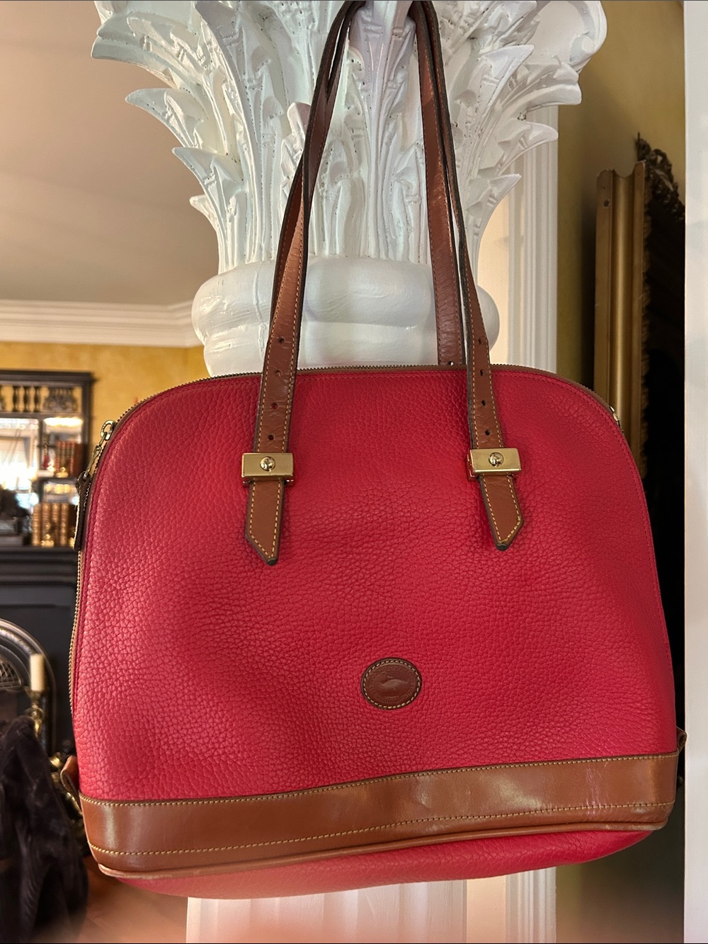 Dooney & Bourke Red Pebbled Leather Dome Tote with Brown Trim
